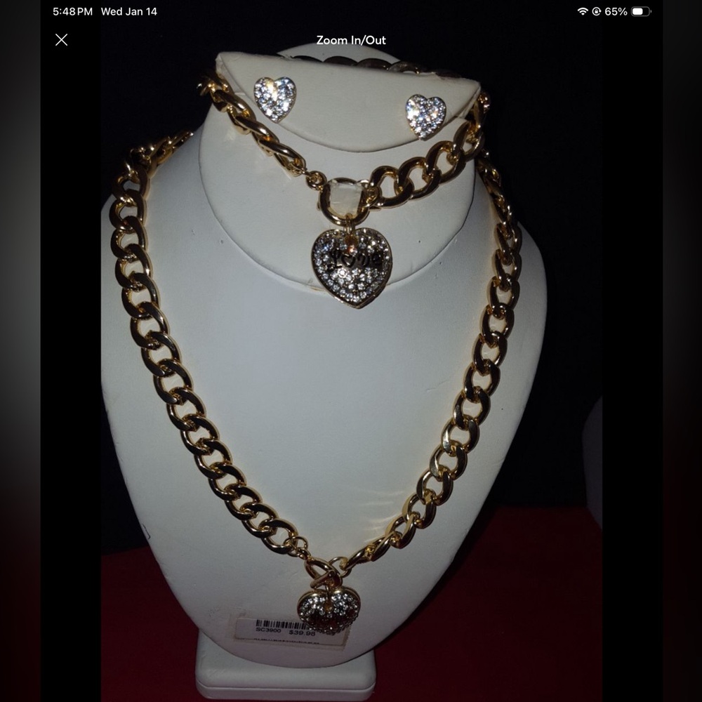 ELEGANT ROSE/GOLD 3PC CRYSTAL LOVE PUFF HEART NECKLACE BRACELET &EARRING 18Kg.p. - Picture 5 of 16